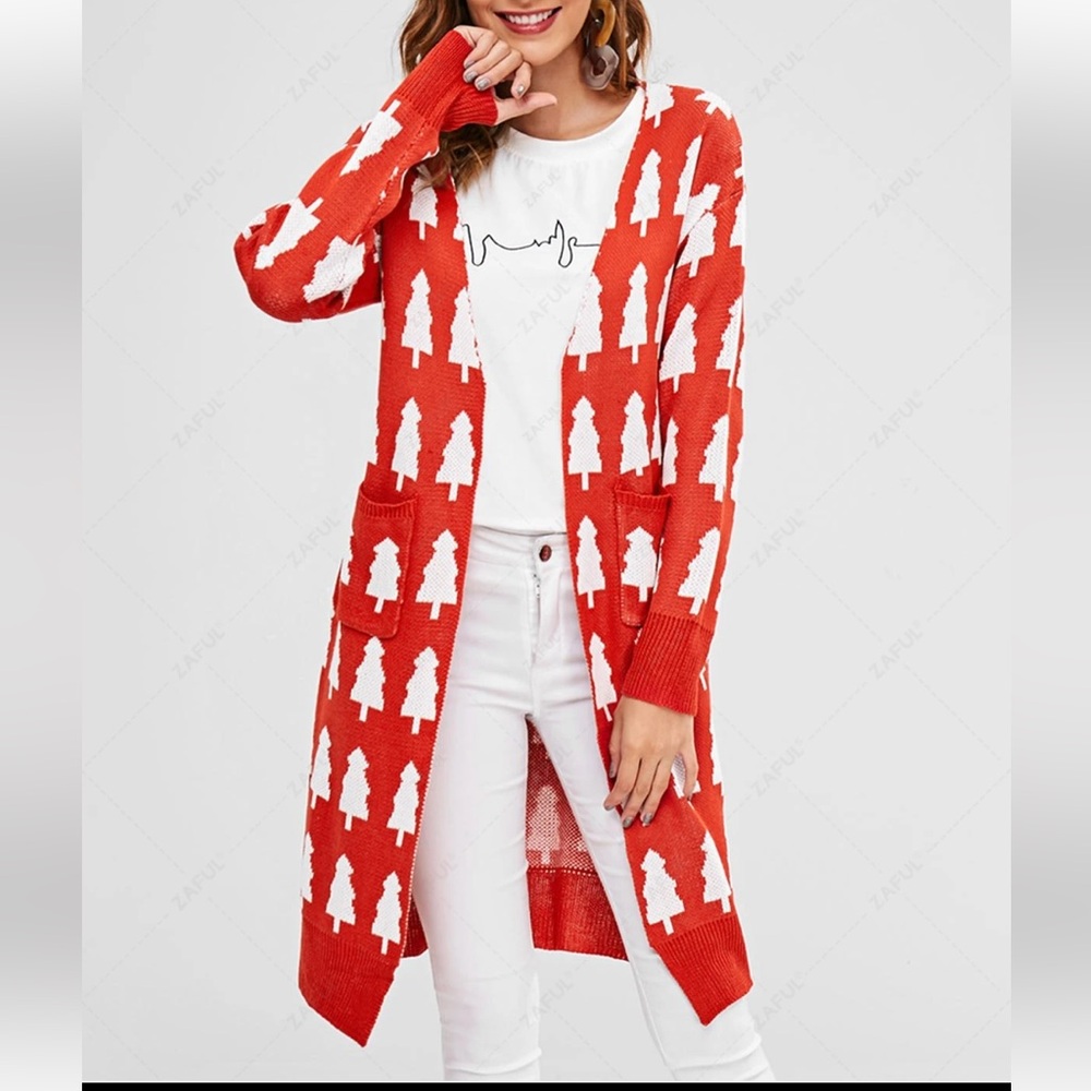 VESTIDOS Orange and White TREES  Pattern Open Cardigan S NWOT
